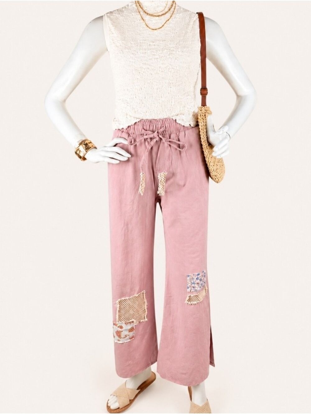 POL Dusty Rose Patchwork Crochet Wide Leg Pants Small Boutique Boho NIP